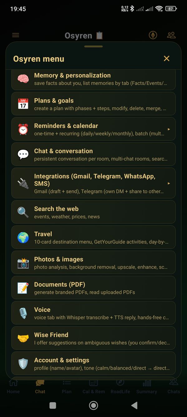 Osyren full menu with all capabilities
