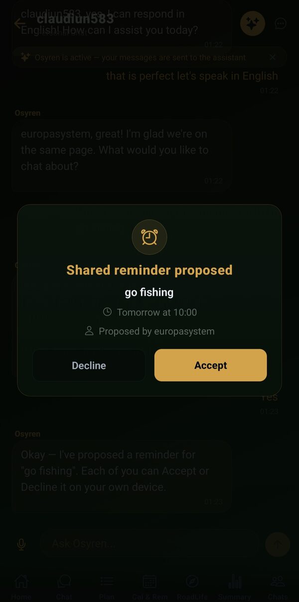 Osyren shared reminder accept/decline