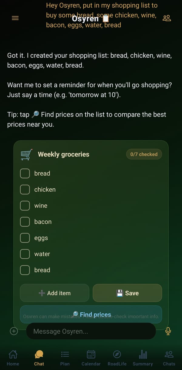 Osyren shopping list created from chat, with checkboxes and price search