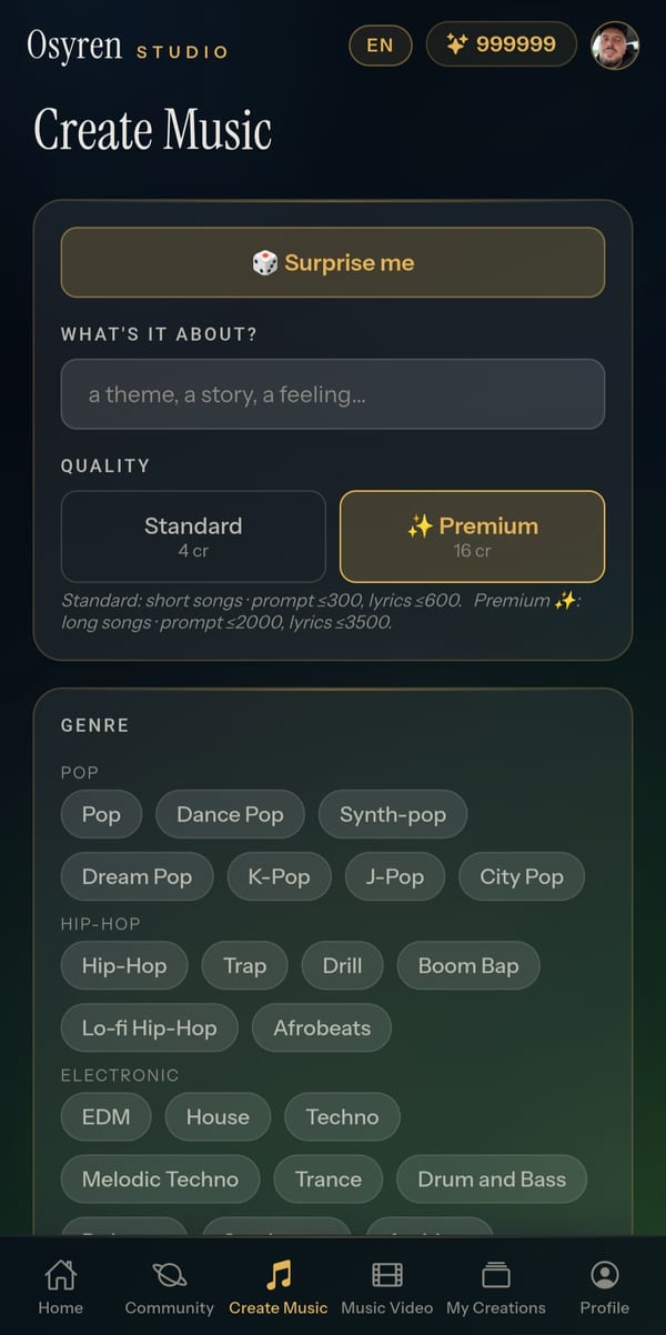Osyren Studio — create AI music with genres and moods